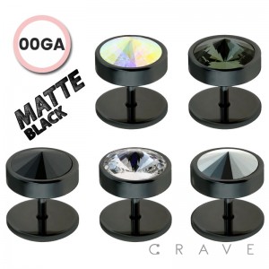 MATT BLACK TITANIUM IP OVER 316L SURGICAL STEEL 00GA FAKE PLUG WITH SWAROVSKI GEM STONE